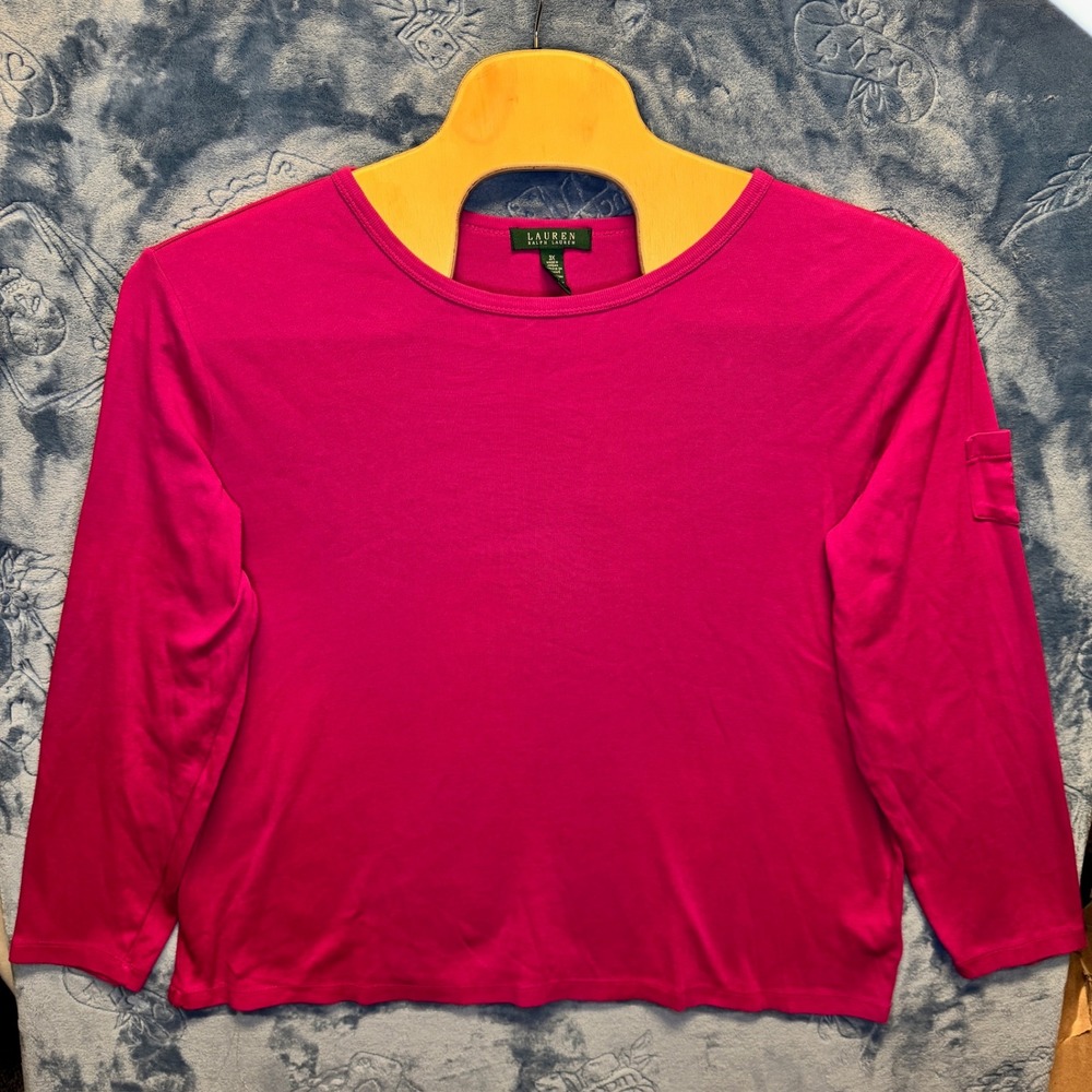 1845 | Lauren Ralph Lauren Cotton Long Sleeve Pocket Tee Pink Womens 3X